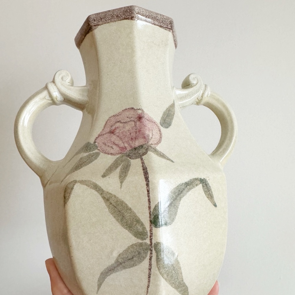 Vintage Cream and Pink Floral Vase West Germany